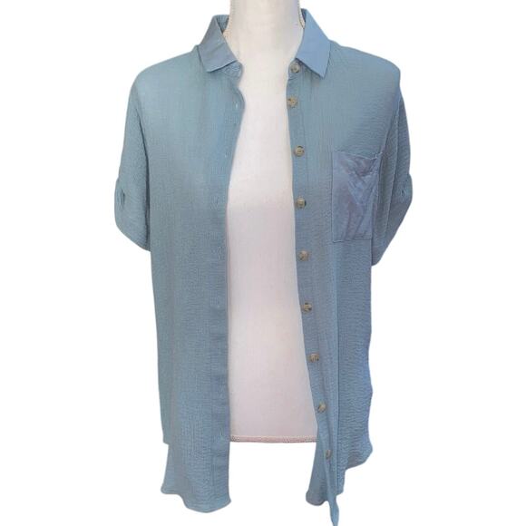 Soft Surroundings Gauzy Textured Cotton Light Blue Top XS Short Sleeve Tunic - Picture 3 of 11